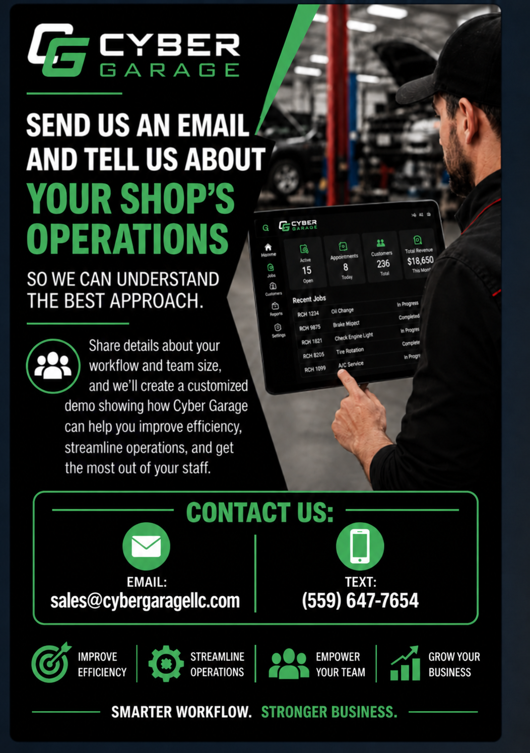 Cyber Garage contact information promotional graphic